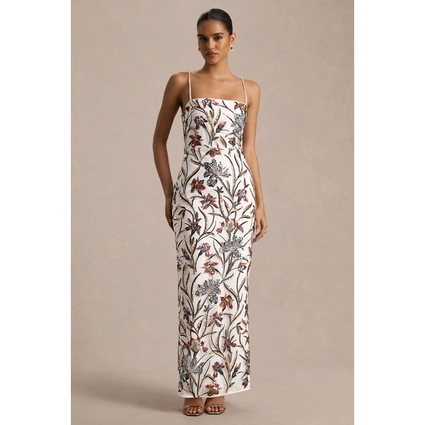 Kyle | Robe Longue Crème à Encolure Carrée Ornée de Sequins et de Fleurs