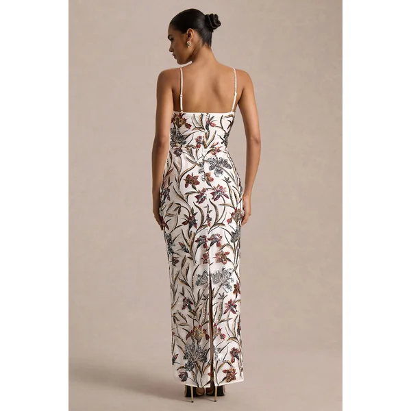 Kyle | Robe Longue Crème à Encolure Carrée Ornée de Sequins et de Fleurs