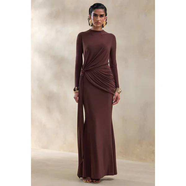 Kyrissa | Robe longue brune à encolure haute avec détails froncés