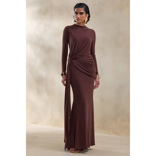 Kyrissa | Robe longue brune à encolure haute avec détails froncés