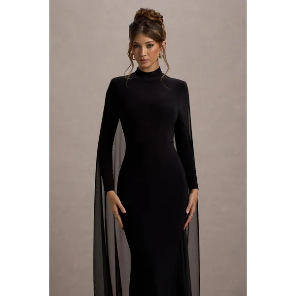 La Nuit | Robe longue noire à manches longues et col montant avec cape