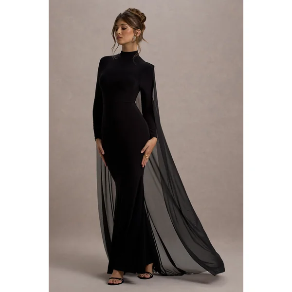 La Nuit | Robe longue noire à manches longues et col montant avec cape