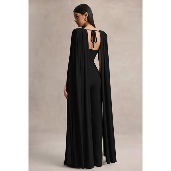 Labina | Combinaison noire avec décolleté plongeant et manches cape