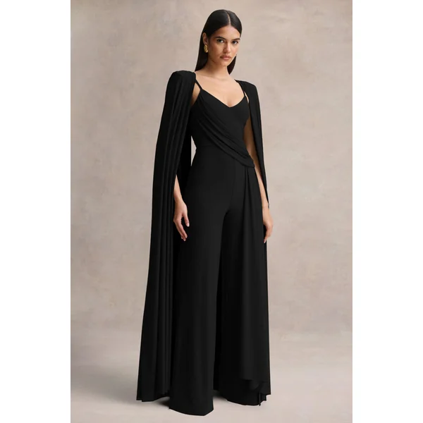 Labina | Combinaison noire avec décolleté plongeant et manches cape