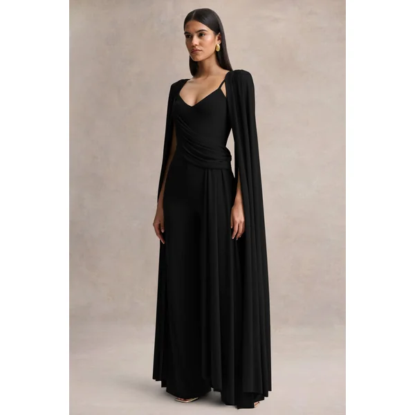 Labina | Combinaison noire avec décolleté plongeant et manches cape