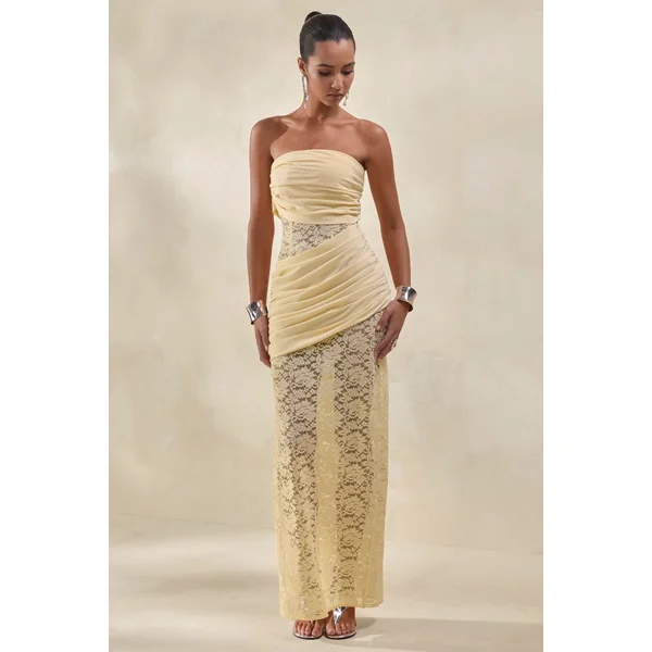 Lalita | Robe longue bandeau en dentelle et satin citron avec détails croisés