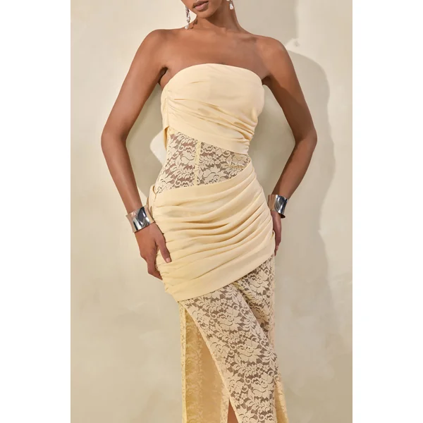 Lalita | Robe longue bandeau en dentelle et satin citron avec détails croisés