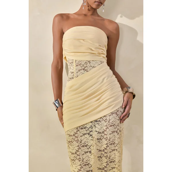 Lalita | Robe longue bandeau en dentelle et satin citron avec détails croisés