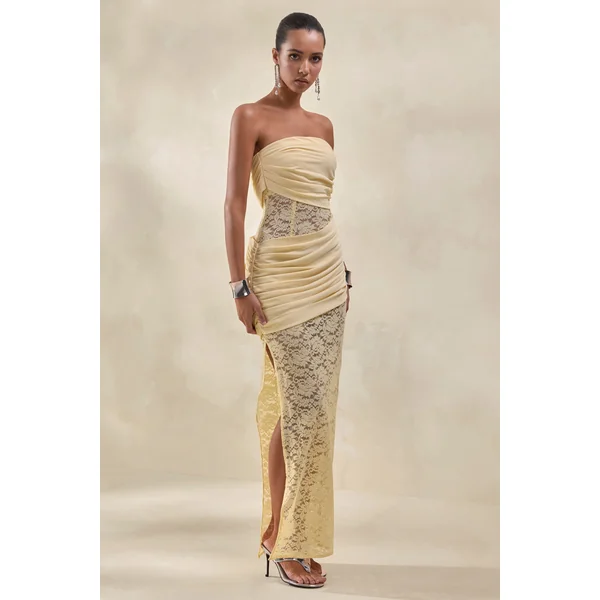Lalita | Robe longue bandeau en dentelle et satin citron avec détails croisés