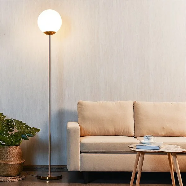 Lampadaire 169,5CM avec Ampoule LED 7W E27 Globe en Verre φ25,5CM et Abat-jour en Verre Interrupteur à Pédale