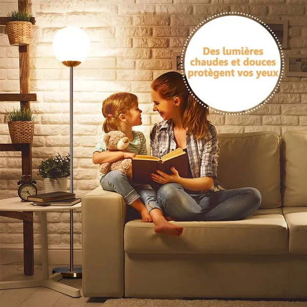 Lampadaire 169,5CM avec Ampoule LED 7W E27 Globe en Verre φ25,5CM et Abat-jour en Verre Interrupteur à Pédale