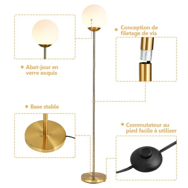 Lampadaire 169,5CM avec Ampoule LED 7W E27 Globe en Verre φ25,5CM et Abat-jour en Verre Interrupteur à Pédale