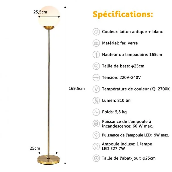 Lampadaire 169,5CM avec Ampoule LED 7W E27 Globe en Verre φ25,5CM et Abat-jour en Verre Interrupteur à Pédale