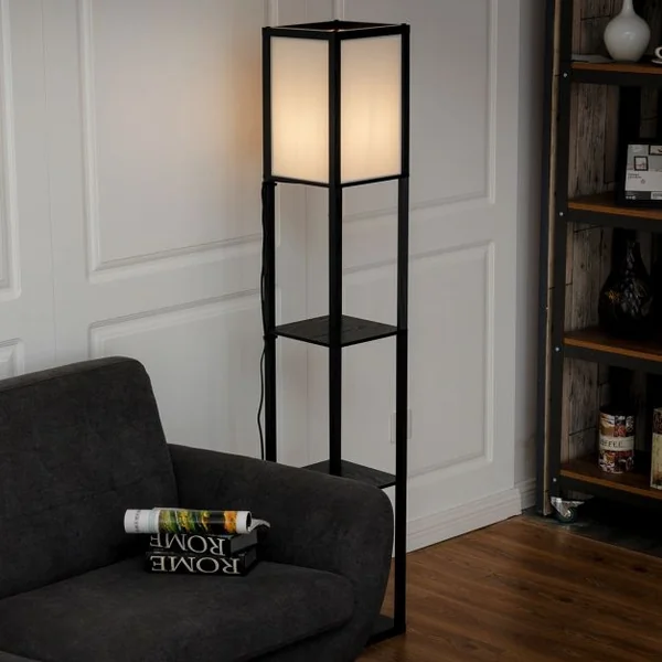 Lampadaire 60w Lampe Sur Pied 3 Etagères Design Scandinave (ampoule E27 Non Incluse) en Mdf et Tissu 26x26x160cm Noir
