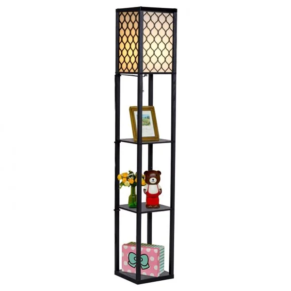 Lampadaire en Bois 1,6M Lampe Salon sur Pied avec 3 Etagères de Stockage Design Scandinave