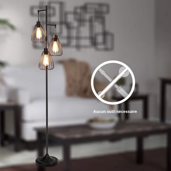 Lampadaire Style Industriel sur Pied avec 3 Abat-Jours Fait en en Métal 170x25CM Ampoule E27 ( Non Incluse)