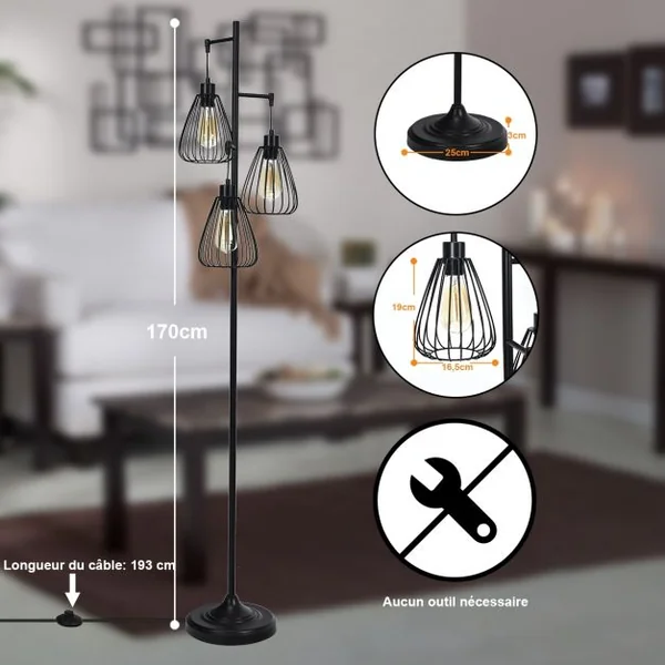 Lampadaire Style Industriel sur Pied avec 3 Abat-Jours Fait en en Métal 170x25CM Ampoule E27 ( Non Incluse)