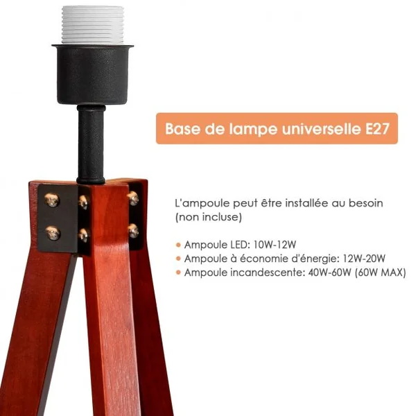 Lampadaire Trépied Abat-jour Commutateur Au Pied Style Scandinave Ampoule 60w Culot E27 en Bois et Lin 56,5x46x152,5cm