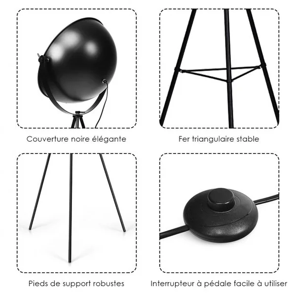 Lampadaire Trépied Abat-jour Rond 46cm Réglable Style Industriel Ampoule 60w Culot E27 en Fer et Plastique 66x56x160cm