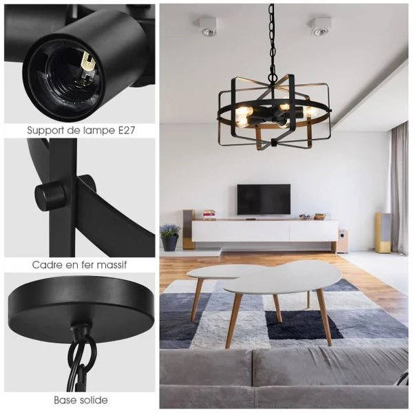 Lampe Plafond Industrielle à 5 Lampes Lustre Chandelier Chaîne Ajustable en Forme de Tambour en Fer