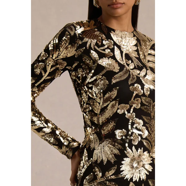 Lara | Mini-robe à col montant en sequins noirs et dorés avec ourlet orné de plumes