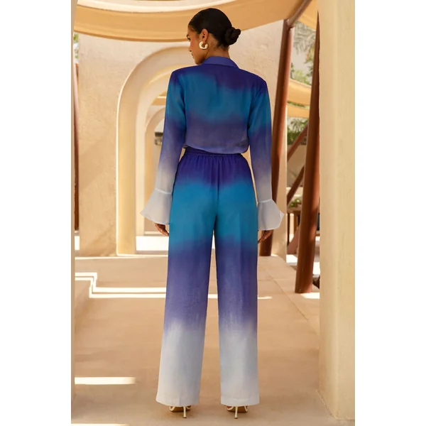 Last Light | Pantalon à jambes larges en satin avec dégradé bleu