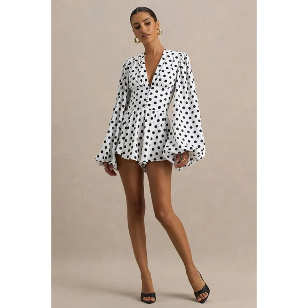 Laurel | Combishort blanc à pois décolleté en V et manches ballons