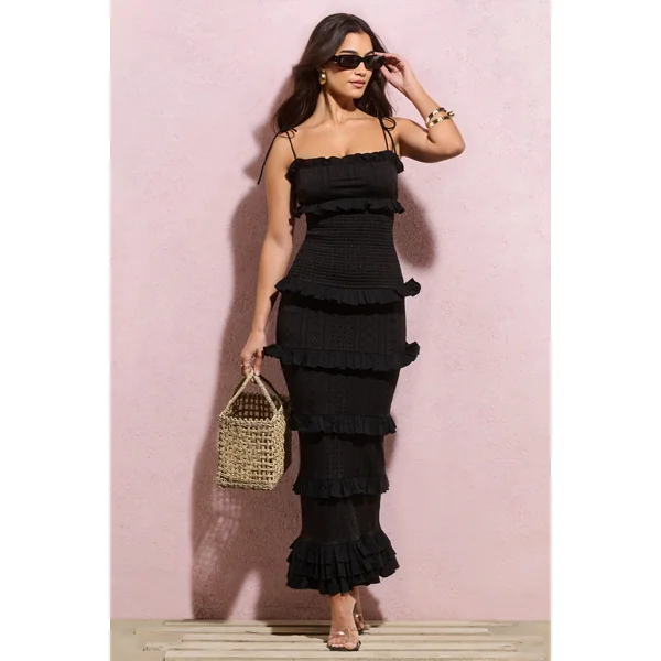 Lauren | Robe longue en broderie noire froncée à bretelles