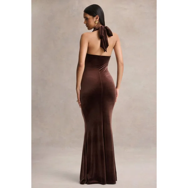 Lavernia | Robe longue brune à encolure licou avec détails froncés