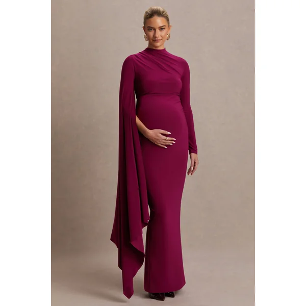 Lavinia | Robe mi-longue de maternité couleur baie à col montant et manche cape