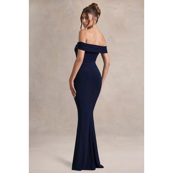 Law of Attraction | Robe longue bardot fendue drapee bleu marine