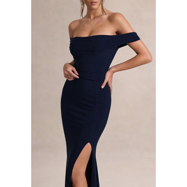 Law of Attraction | Robe longue bardot fendue drapee bleu marine
