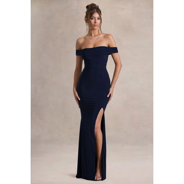 Law of Attraction | Robe longue bardot fendue drapee bleu marine