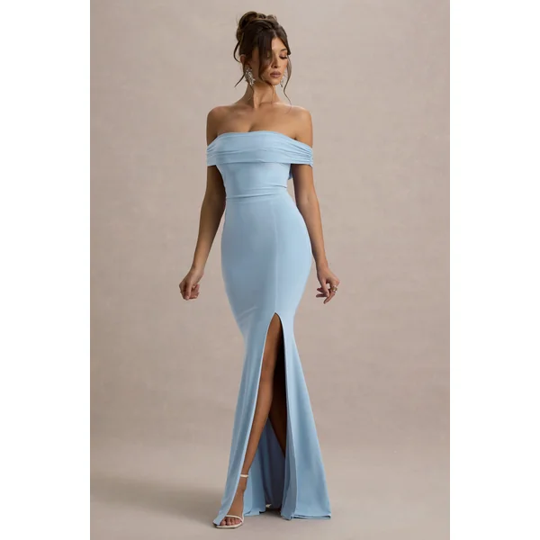 Law of Attraction | Robe longue bardot fendue drapee bleu poudré
