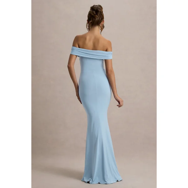 Law of Attraction | Robe longue bardot fendue drapee bleu poudré