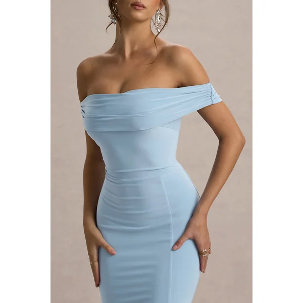 Law of Attraction | Robe longue bardot fendue drapee bleu poudré