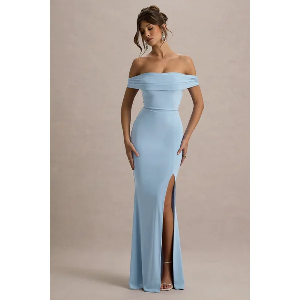 Law of Attraction | Robe longue bardot fendue drapee bleu poudré