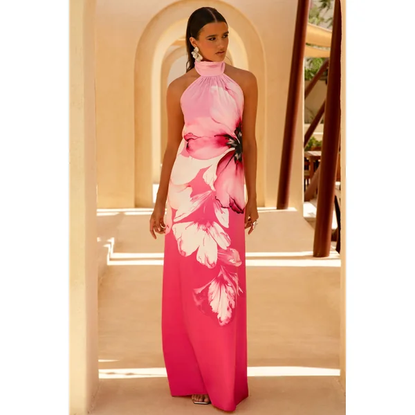 Leia | Robe longue à col montant et imprimé rose fleuri