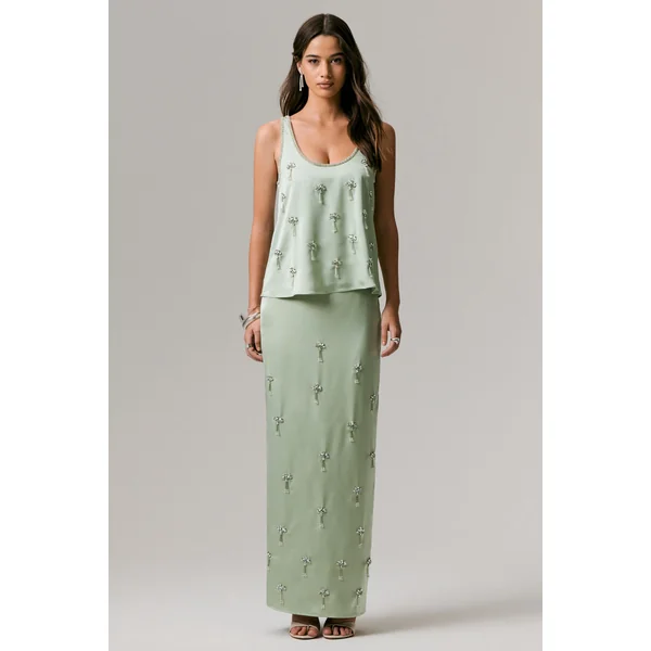 Lena | Jupe Longue Satinée Vert Menthe à Taille Ornée