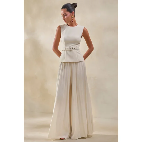 Lerenza | Pantalon crème en satin à jambes larges avec plis