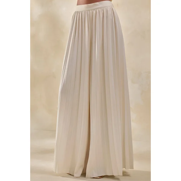 Lerenza | Pantalon crème en satin à jambes larges avec plis