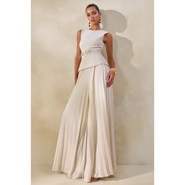 Lerenza | Pantalon crème en satin à jambes larges avec plis
