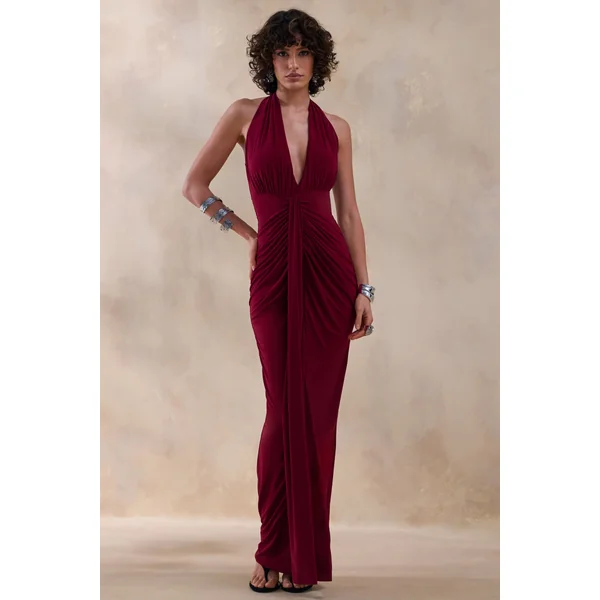 Lesley | Robe longue rouge bordeaux à décolleté plongeant