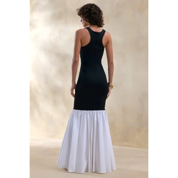 Lexi | Robe longue noir et blanc à encolure carrée avec ourlet sirène