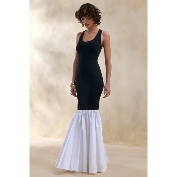 Lexi | Robe longue noir et blanc à encolure carrée avec ourlet sirène