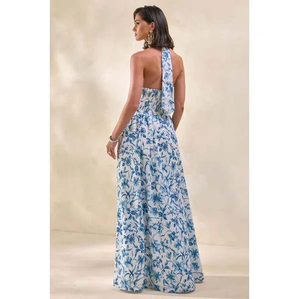 Liana | Robe longue à encolure dos nu avec imprimé porcelaine bleu