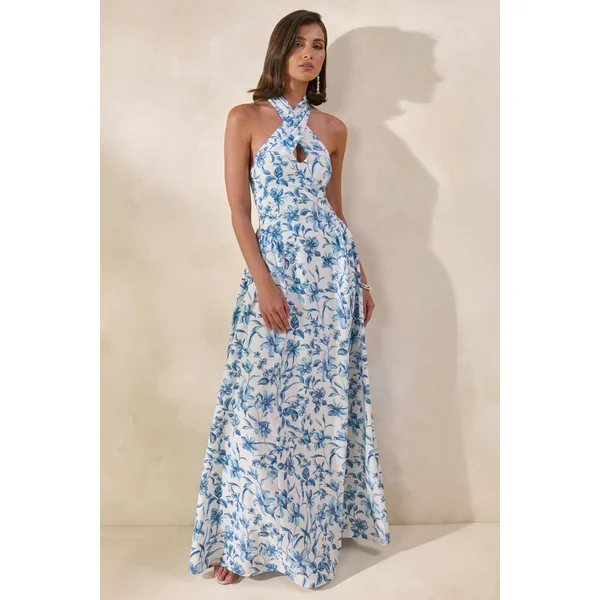 Liana | Robe longue à encolure dos nu avec imprimé porcelaine bleu