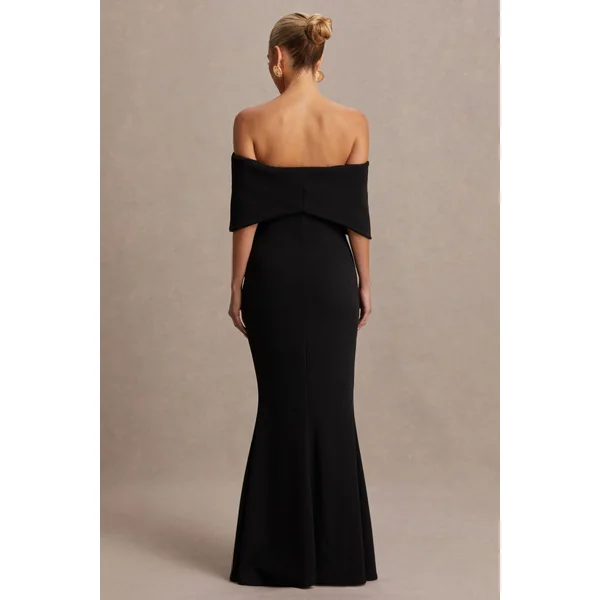 Libra | Robe longue de maternité Bardot noire avec nœud