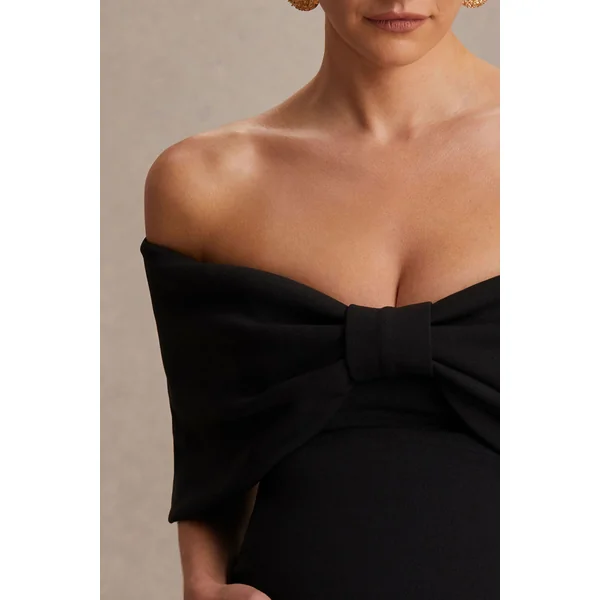Libra | Robe longue de maternité Bardot noire avec nœud