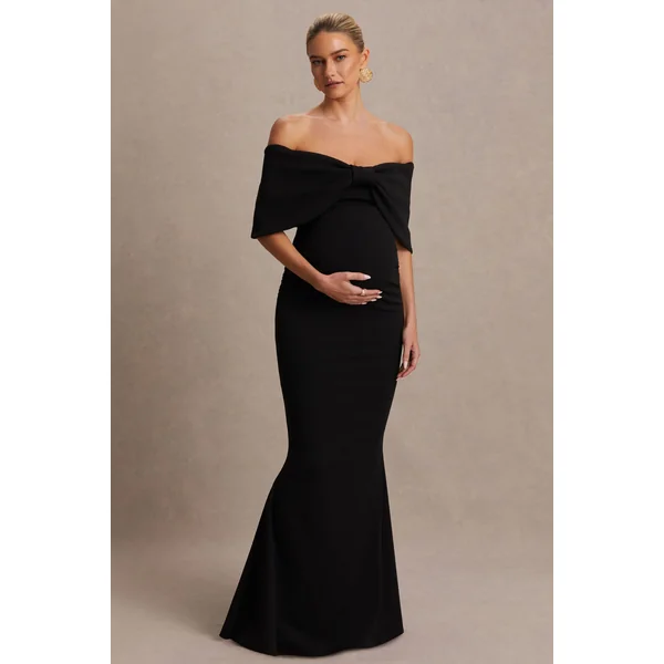 Libra | Robe longue de maternité Bardot noire avec nœud